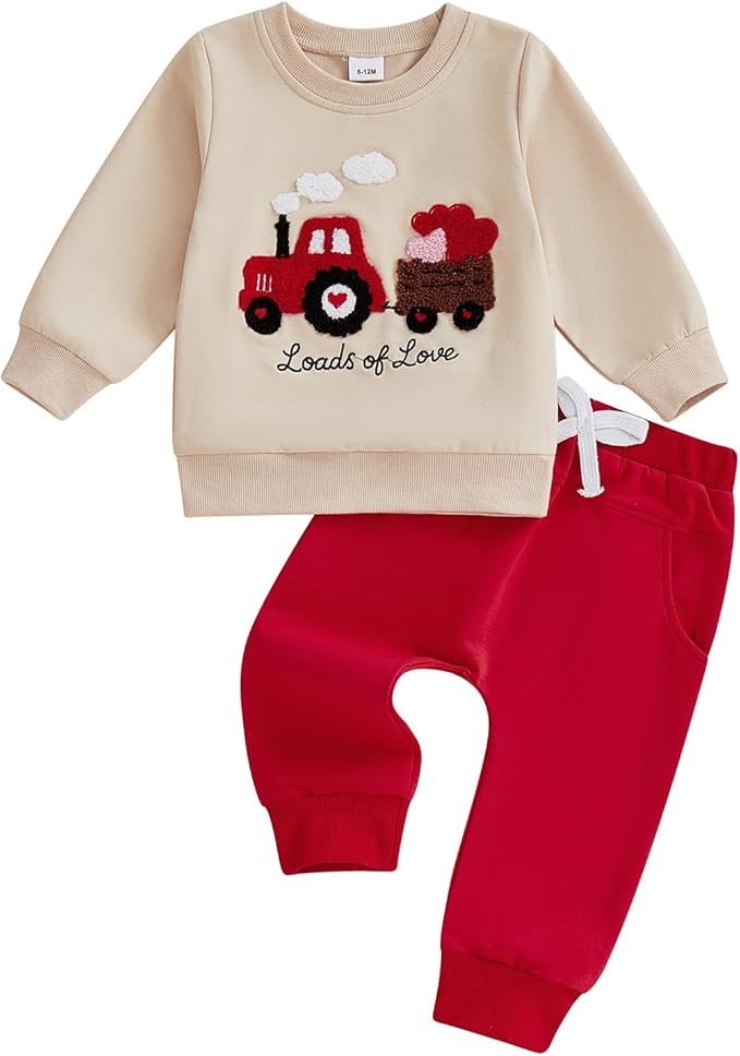 Mobbdow Toddler Baby Boy Valentines Outfit Heart Tractor Embroidery Crewneck Long Sleeve Sweatshi... | Amazon (US)