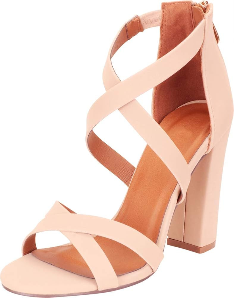 Cambridge Select Women's Crisscross Strappy Chunky Block High Heel Sandal | Amazon (US)