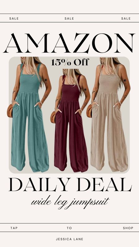 Amazon daily deal, save 15% on this wide leg smock top jumpsuit. Lots of color options available.Amazon fashion, Amazon jumpsuit, women's fashion, summer fashion, spring style, wide leg jumpsuit

#LTKsalealert #LTKSeasonal #LTKstyletip