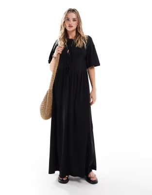 ASOS DESIGN puff sleeve with tie up bodice maxi dress in black | ASOS (Global)
