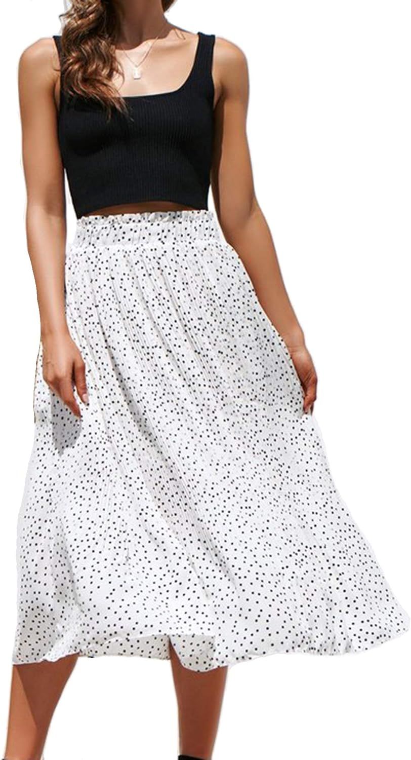 Relipop Women's Flared Skirt High Elastic Waist Polka Dot Pleated Midi Vintage Skirt | Amazon (US)