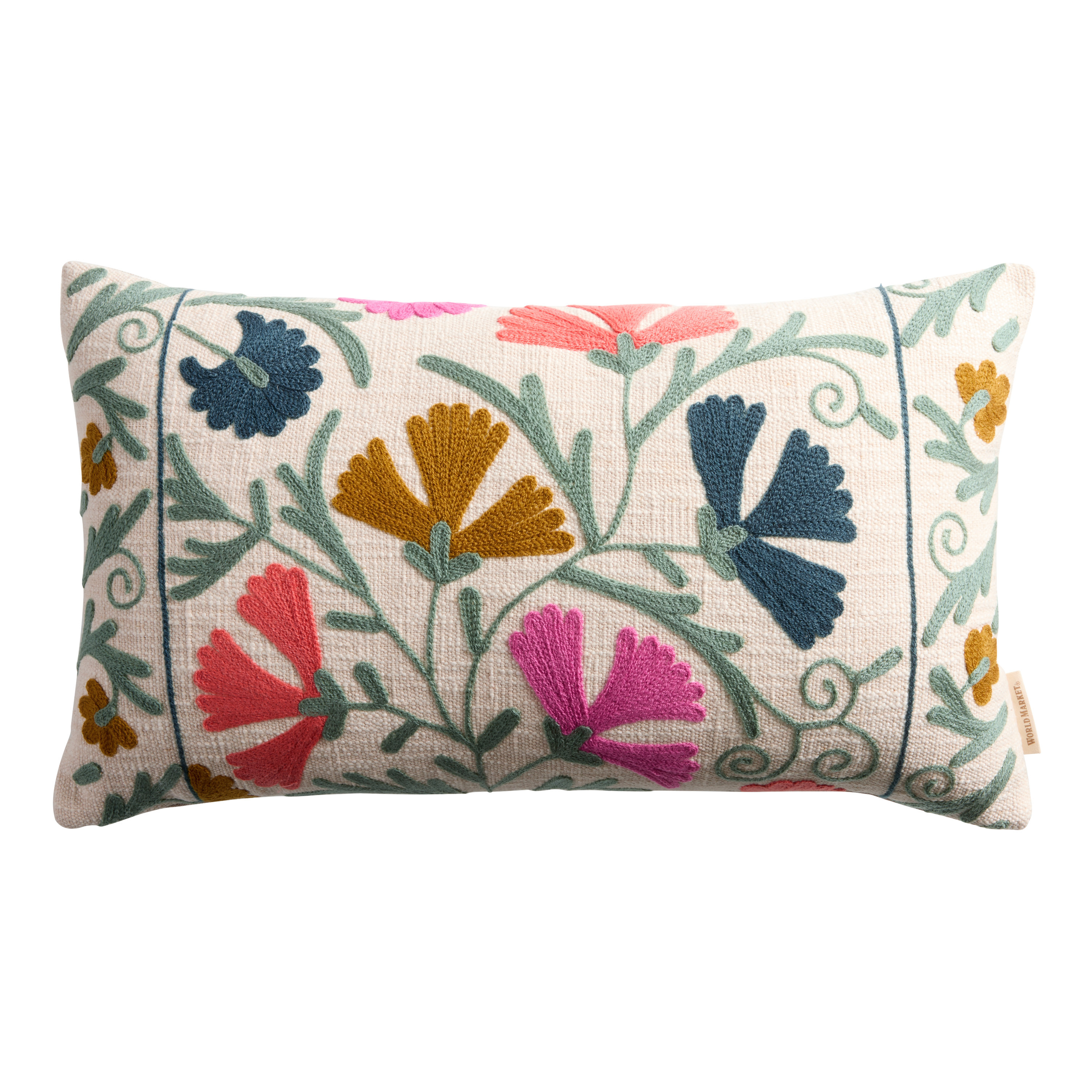 Multicolor Scrolling Flowers Embroidered Lumbar Pillow | World Market