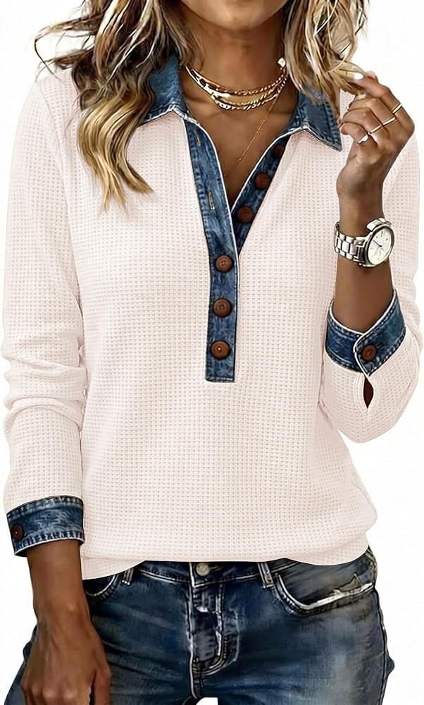 Womens Denim Lapel Sweatshirts Waffle Knit Button Tops Fall Winter Fashion | Amazon (US)