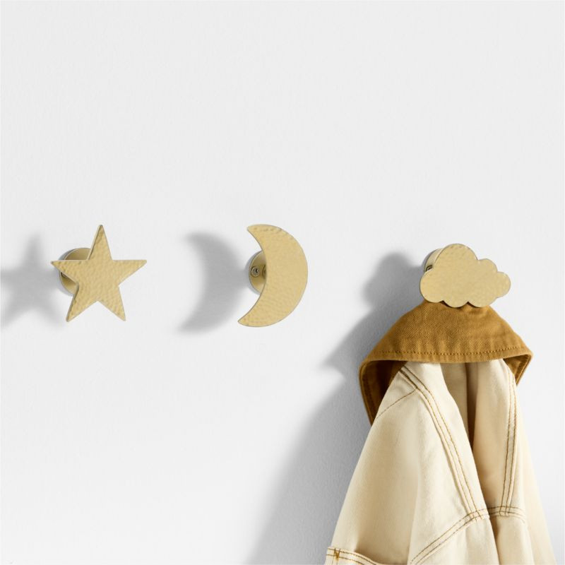 Brass Metal Celestial Kids Wall Hooks, Set of 3 | Crate & Kids | Crate & Barrel