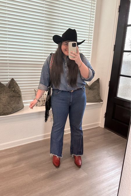 Rodeo outfit. Western outfit. Country concert outfit. Western belt. Flare jeans. Flare denim. Western boots. Country concert outfit. Fringe purse. Denim shirt. Purse strap. Canadian tuxedo. Red cowboy boots 

Hat is from Stetson 🤠

#LTKfindsunder50 #LTKSeasonal #LTKshoecrush