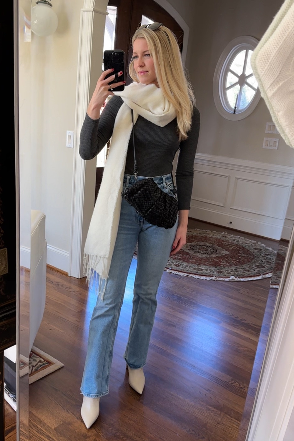 Casual Winter outfit inspiration, flared jean, straight jean, chunky scarf, white leather boots 

#LTKunder100 #LTKstyletip #LTKshoecrush