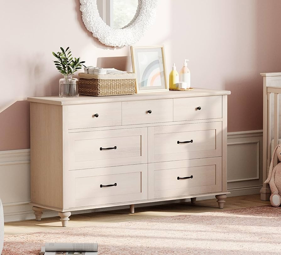 WAMPAT Beige Baby Dresser with 7 Drawers, Kids Dresser Wooden Dresser for Kids Room, Dresser Cabi... | Amazon (US)