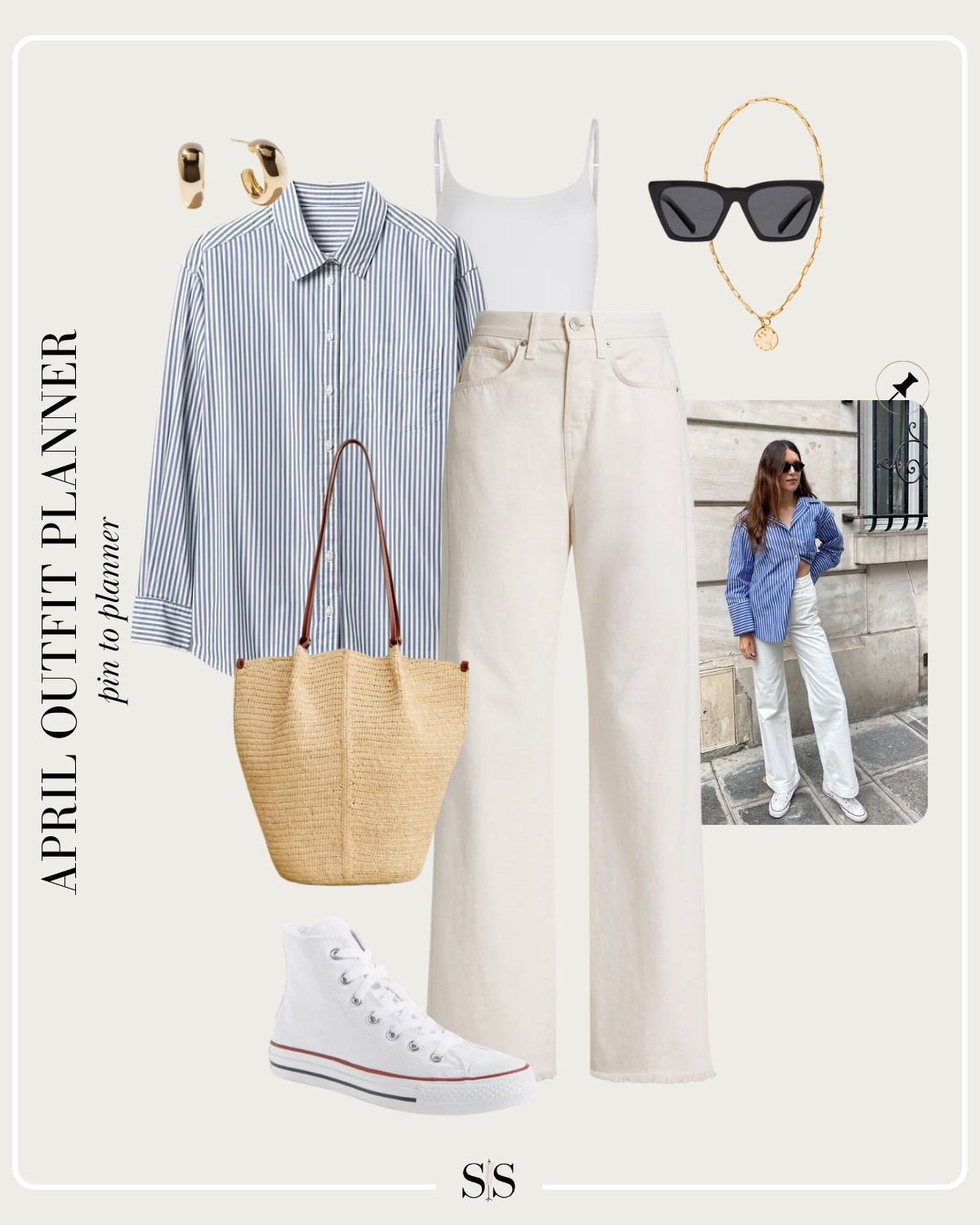Monthly outfit planner APRIL: Spring transitional looks, pin to planner outfit inspo | striped button down, ecru wash jean, converse, bodysuit, straw tote 

#springoutfit #casualoutfit #springessentials #springcapsuleoutfit 

Image credit: Pinterest 

#LTKStyleTip