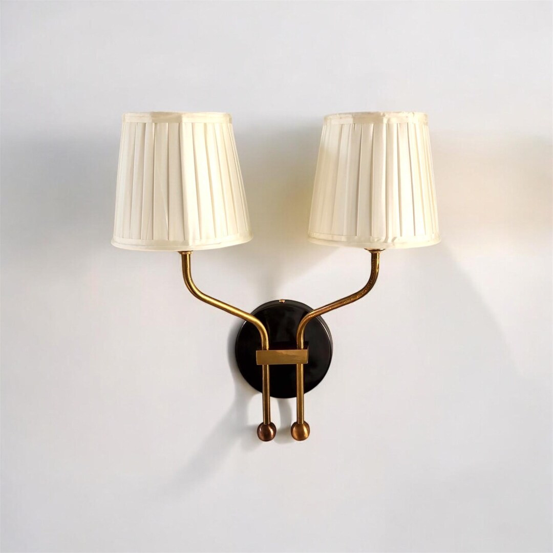 Handcrafted Double Arm Brass Wall Sconce With Fabric Shades Mid-century Brass Wall Lamp. - Etsy | Etsy (US)