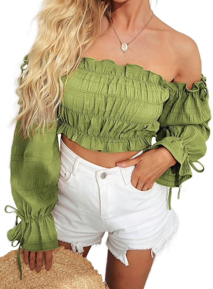 LYANER Women's Off Shoulder Ruffle Trim Drawsting Puff Long Sleeve Tube Crop Blouse Shirt Top | Amazon (US)