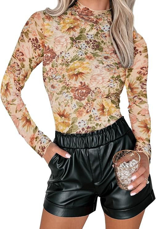 Womens Floral Mesh Top Mock Neck Long Sleeve Slim Fit See Through Shirt Blouses Tops | Amazon (US)