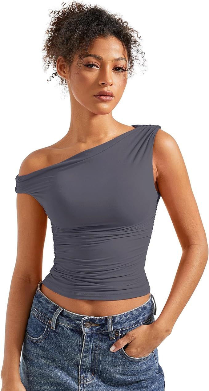SUUKSESS Women Off Shoulder Tops Sleeveless Shirts Y2K Going Out Crop Tank Top | Amazon (US)