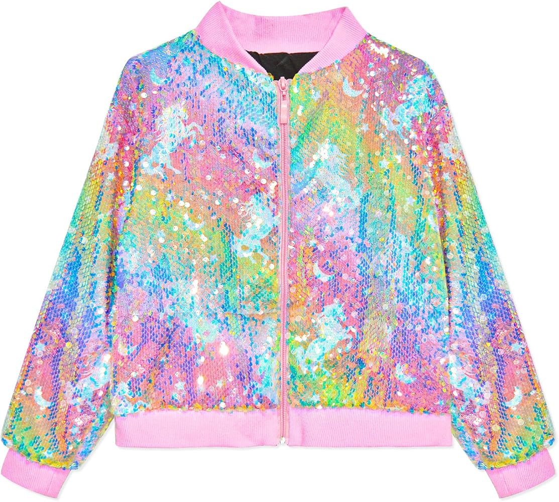 OlyPegic Girls Sequin Jacket Sparkly Glitter Bomber Kids Outwear with Pockets Zipper Coat Long Sl... | Amazon (US)