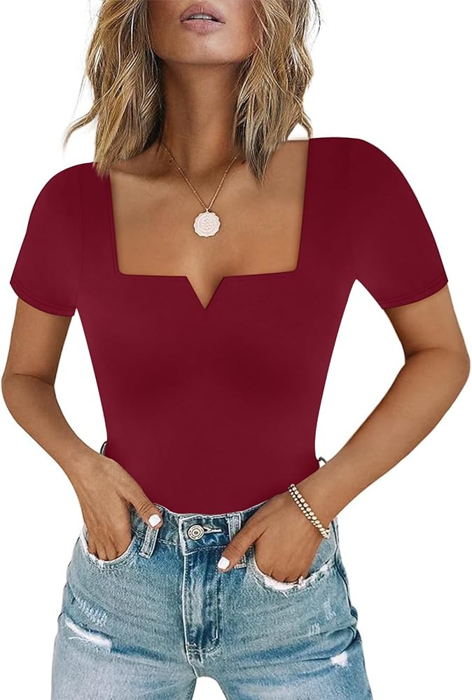 Chunpin Women's Square Neck Notch V Neck Long Sleeve Bodysuit Tops Double Lined Thong Bodysuit | Amazon (US)
