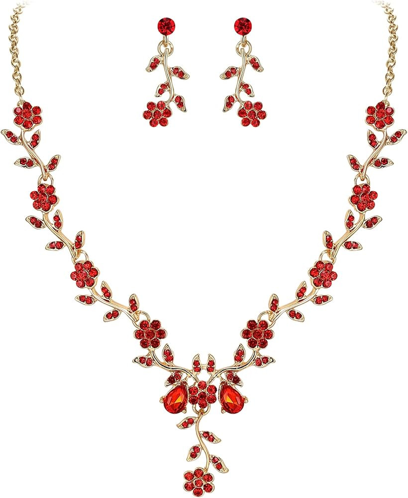 BriLove Women's Wedding Jewelry Leaf Cluster Flower Crystal Dangle Earrings Pendant Necklace Set ... | Amazon (US)