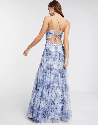 ASOS DESIGN floral sequin embellished strappy back maxi dress in blue | ASOS (Global)