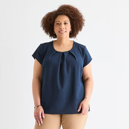 Liz Claiborne Adaptive Texture Tee Womens Plus Easy-on + Easy-off Round Neck Short Sleeve Adaptive Blouse, 2x, Blue | JCPenney