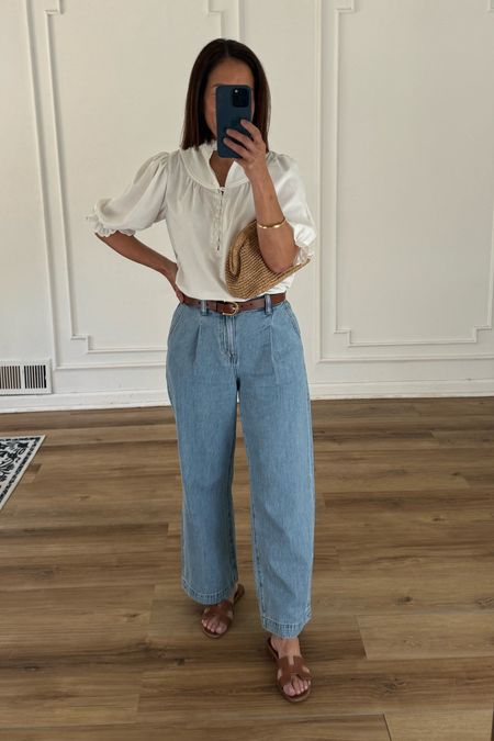 Spring Outfit
Madewell Petite Harlow Wide Leg/I went down a size.
Tuckernuck Top/wearing small
J.Crew Belt
J.Crew Portofino Clutch
Will link similar sandals

