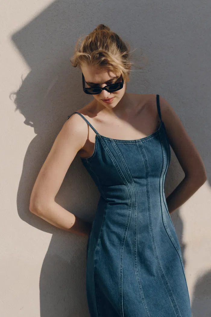 Carmelia Pinafore Dress in Cotton Denim | Fabrique