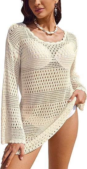 AI'MAGE Crochet Swim Cover Up Knitted Hollow Out Long Sleeve Swimsuit Coverup Womens Beach Cover ... | Amazon (US)