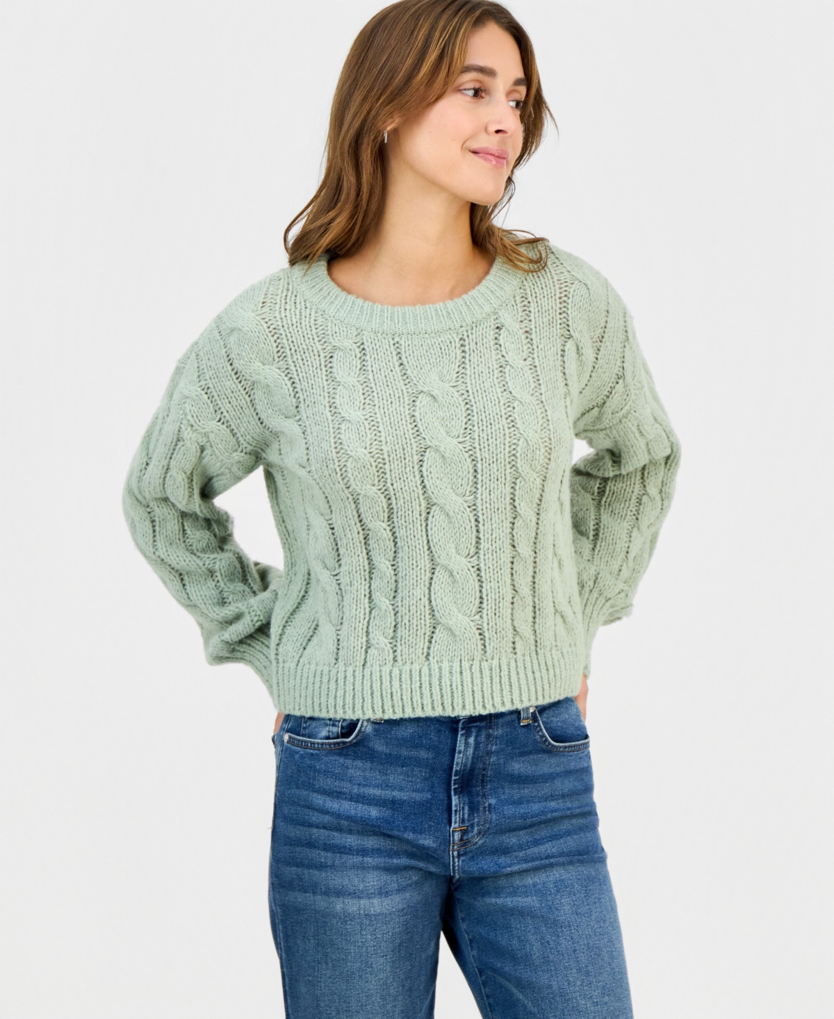 Hippie Rose Juniors' Chunky Cable-Knit Crewneck Sweater - Desert Sage | Macy's