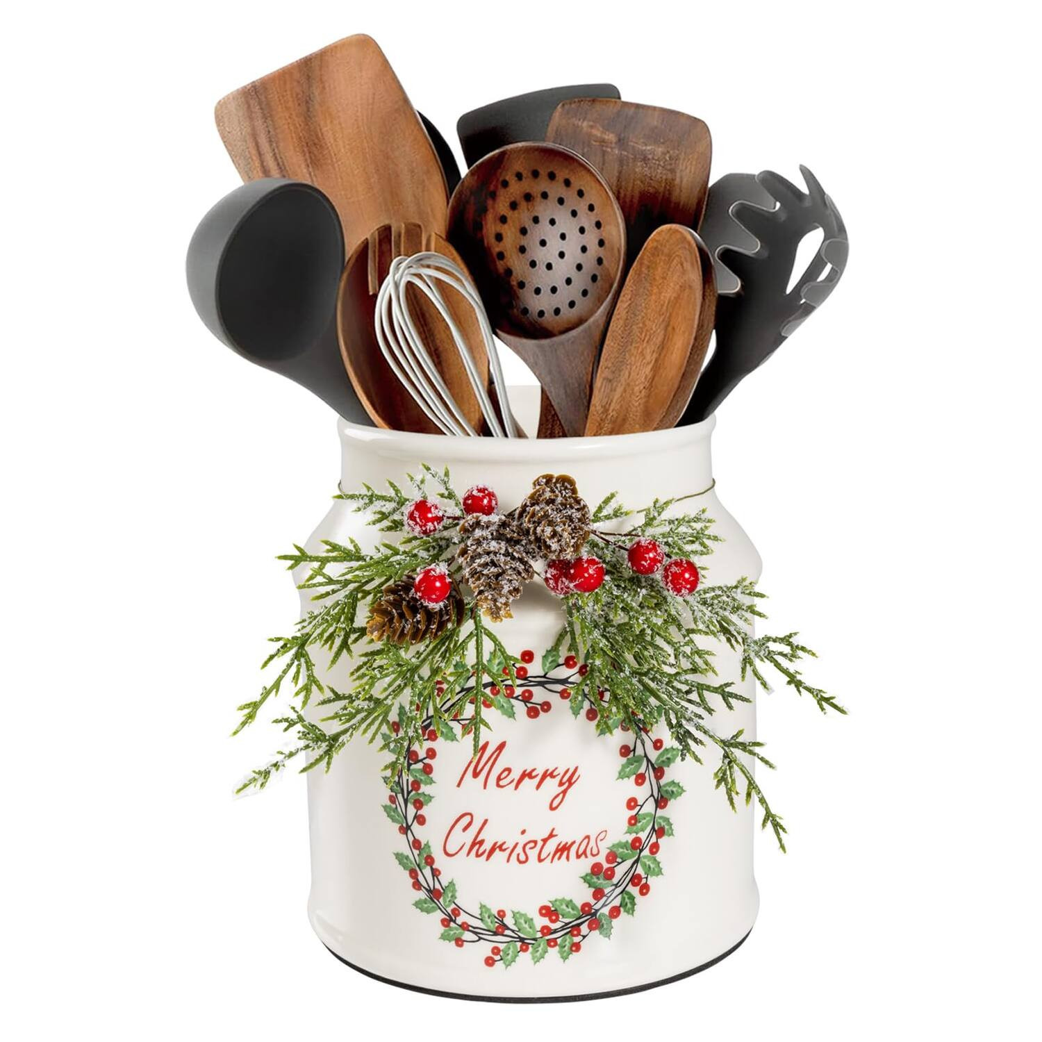 Paradigms Interiors - Christmas Utensil Holder Cute Wreath Utensils For Kitchen Decor Xmas Vintage Rustic Ceramic Crock With Pine - Default | Best Buy U.S.