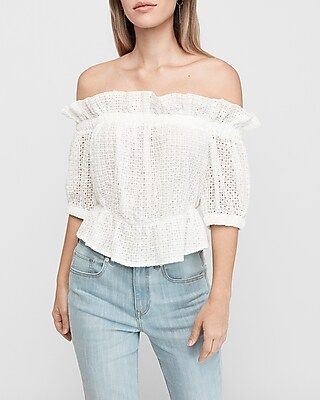 Off The Shoulder Ruffle Eyelet Lace Crop Top | Express