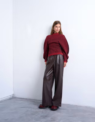 Topshop pleated tailored style wide leg faux leather trouser in burgundy | ASOS (Global)