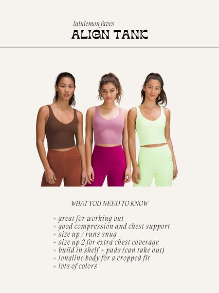 The align tank from lululemon is another fave! I really love how compressive and snug this top is - but I would definitely size up because of it! I’m a 8 in everything at Lulu but prefer the 10 or 12 for more chest coverage. If you are busty definitely go up 1 or 2 sizes! The top has a slight crop and stretchy material. Build in bra with removable pads (I always remove them) tons of colors. Great for working out! 

#LTKstyletip #LTKunder100