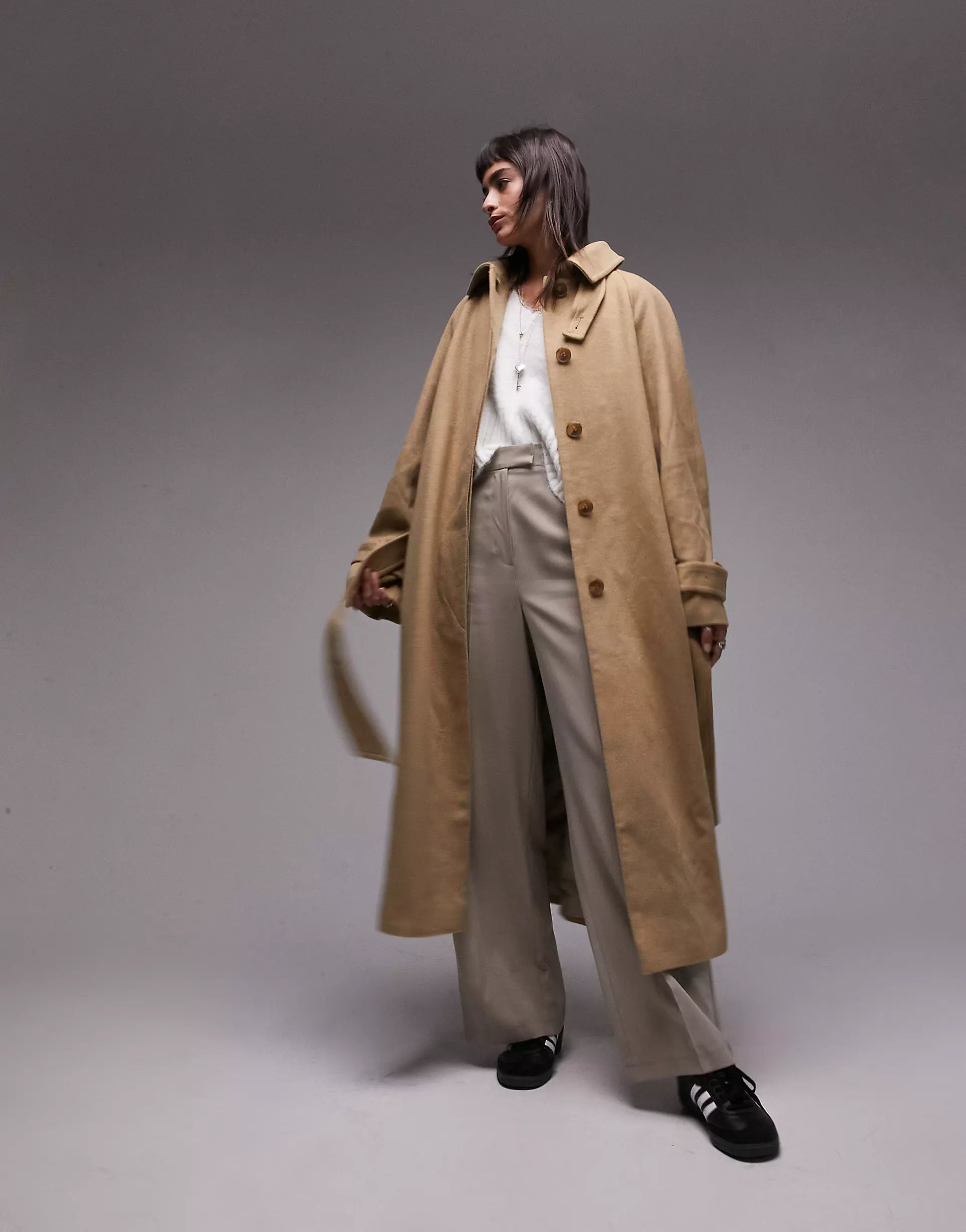 Topshop long-lined belted brushed trench coat in honey | ASOS (Global)