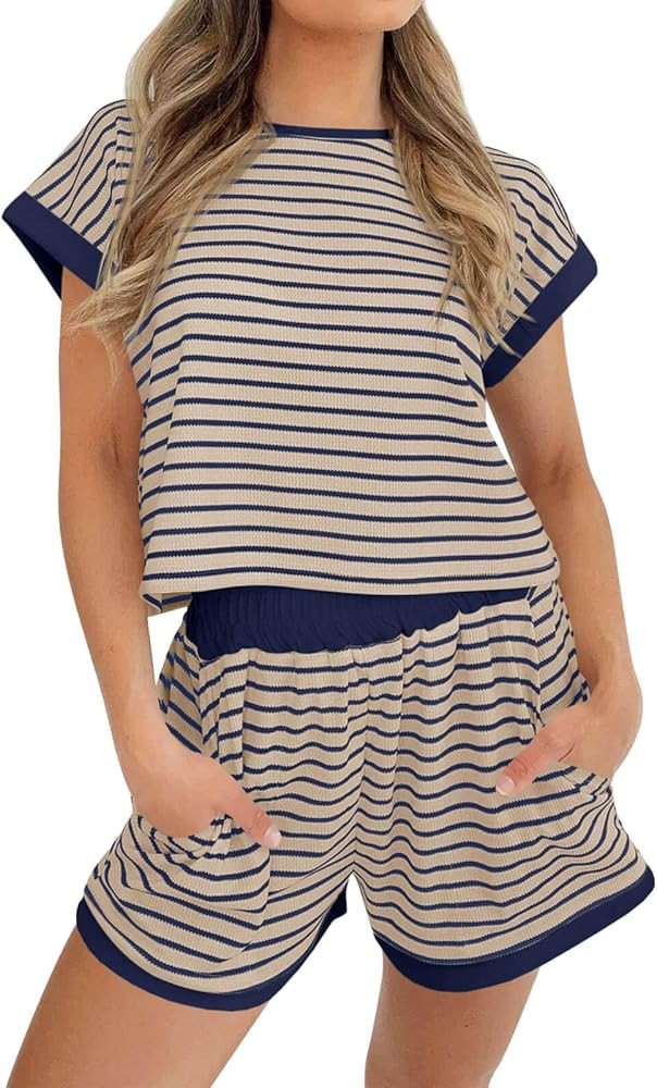 Tankaneo Womens Summer 2 Piece Sets Striped Short Sleeve T Shirts and Shorts Loungewear Matching ... | Amazon (US)