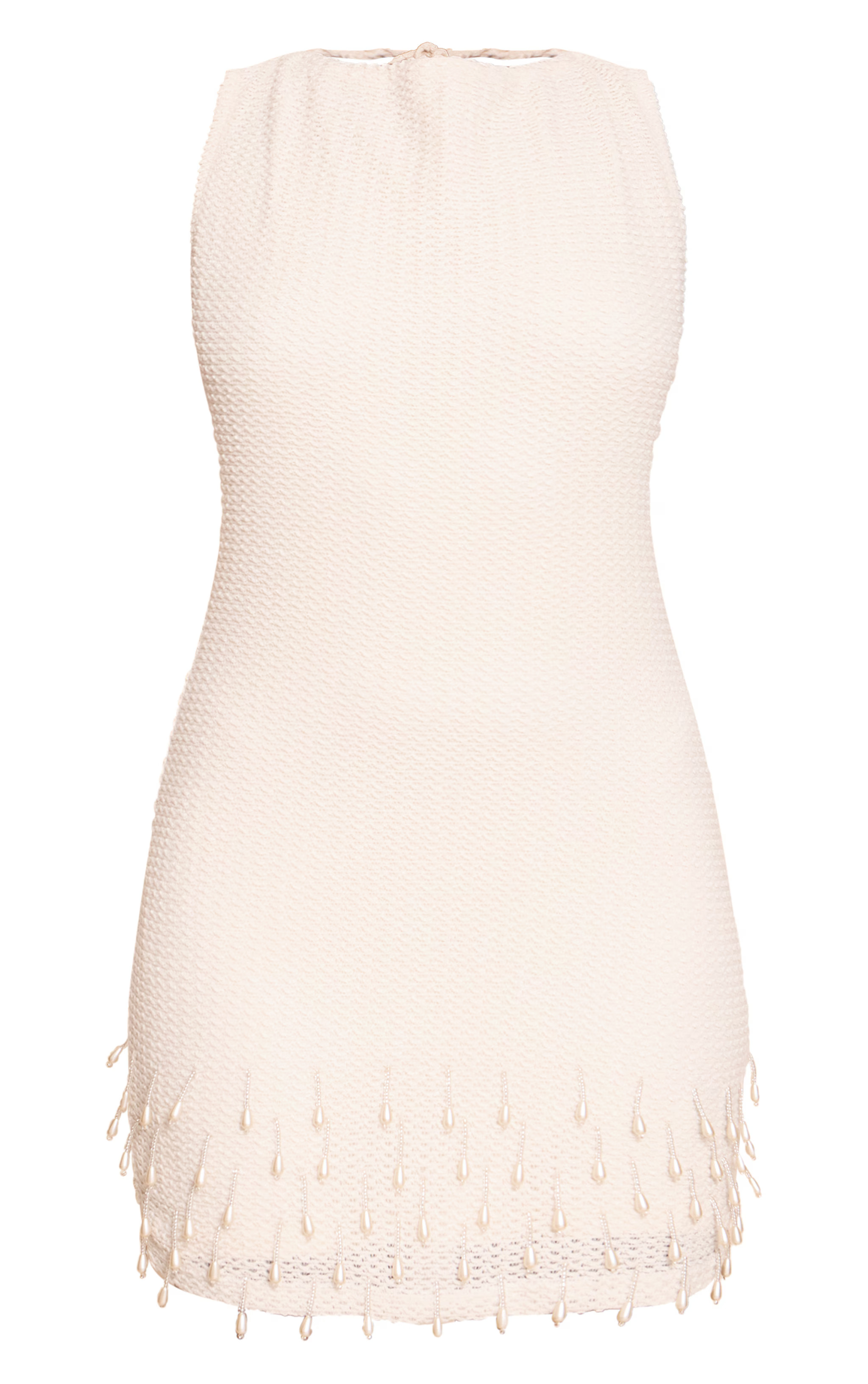 Cream Textured Boat Neck Pearl Detail Mini Dress | Dresses | PrettyLittleThing UK