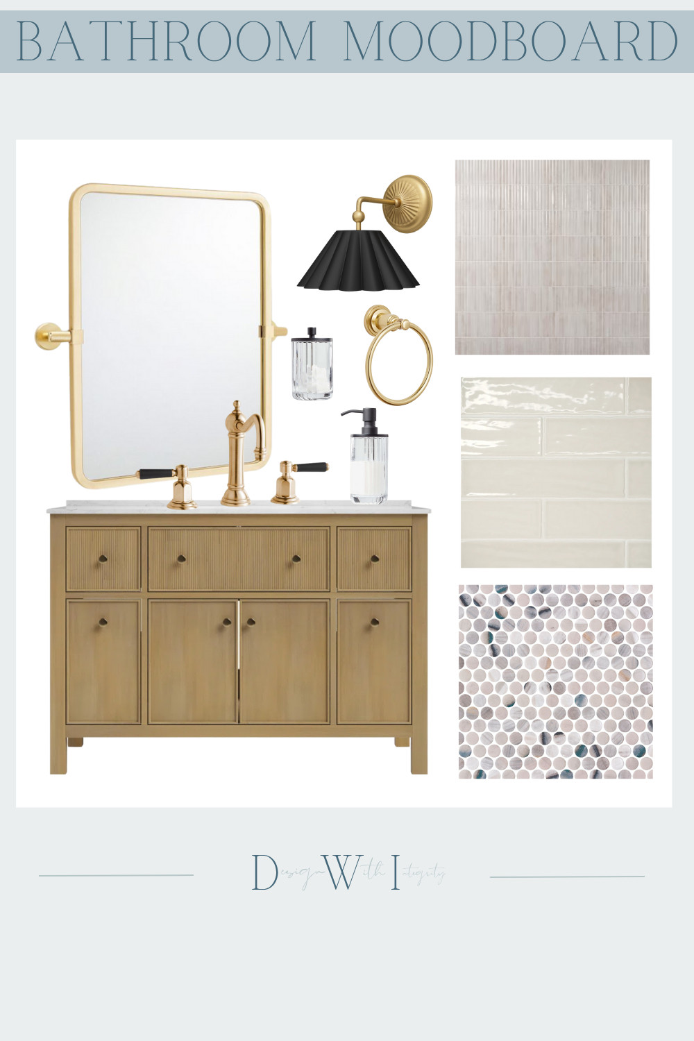 Modern Classic Bathroom Mood Board | Warm Brass, Texture & Timeless Tiles


This bathroom mood board blends warm brass tones with high-contrast details and soft textural finishes for a timeless yet modern look. A reeded wood vanity anchors the space, paired with a stunning brass pivot mirror and classic bridge faucet with black accents. The layered wall tile options add depth and visual interest. A matte black pleated sconce brings in a bold, modern touch, while the glass accessories and polished hardware keep things feeling bright and refined.

Pin this for your next remodel or save to LTK for an elevated everyday design!


#BathroomMoodBoard #BathroomRemodel #ModernClassicStyle #BrassFixtures #BathroomVanityInspo #LTKHome #NeutralBathroom #TimelessDesign #BathroomTileIdeas #InteriorDesignInspo #BathroomDesignInspiration #ZelligeTile #PennyRoundTile #ModernTraditional #BathroomHardware #HomeRenovationIdeas #TransitionalBathroom #DesignWithIntegrity #WarmInteriors #BathroomInspo 

 #LTKHome