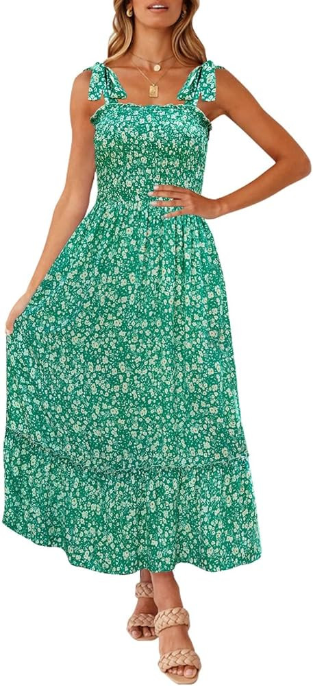 ZESICA Women's Summer Boho Spaghetti Strap Square Neck Solid Color Ruffle A Line Beach Long Maxi ... | Amazon (US)