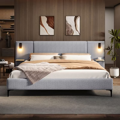 Kumasinova Chic Upholstered Bed Frame with Integrated Light&Shelves,Modern Minimalist Slatted Bed Frame,King Size Wooden Platform,Gray | Target