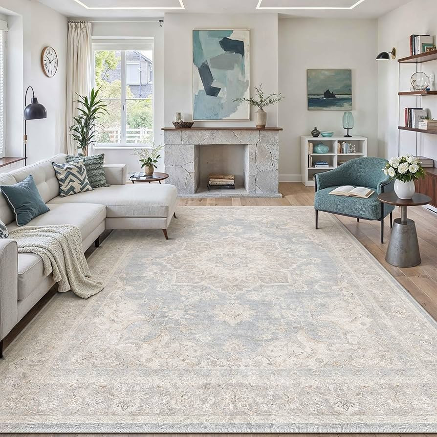PureCozy 8x10 Area Rug Washable Blue Vintage Oriental Medallion | Amazon (US)
