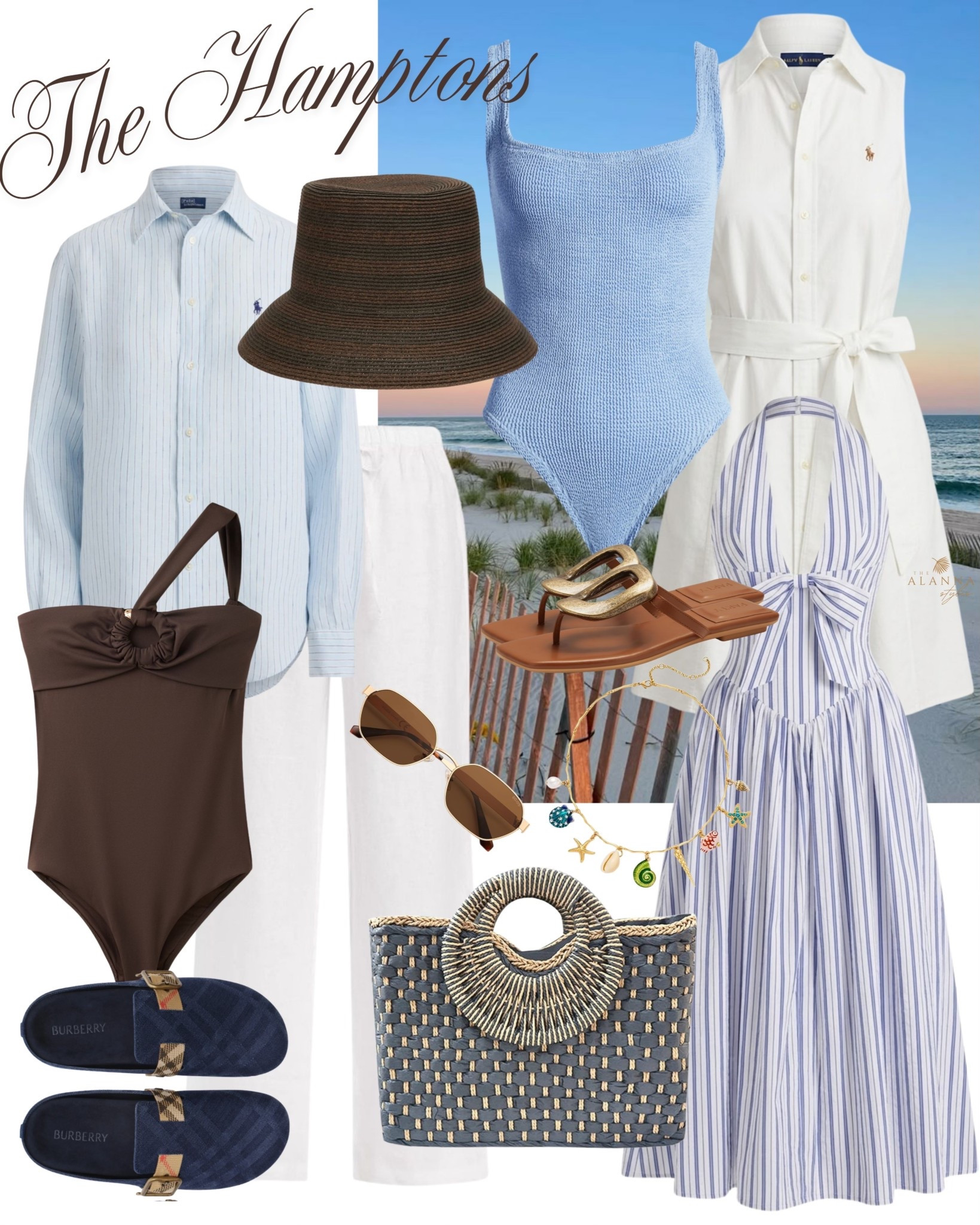 out of office: hamptons edition. ⚓️💙 blue stripes, breezy linens, and chic straw accessories—it’s the coastal grandmother’s chicer younger sister. this blue crinkle swimsuit is a total standout for a beach day at montauk. shop the coastal edit below! 🐚🥂

#thehamptons #coastalchic #montaukstyle #summervacation #resortstyle #blueandwhite