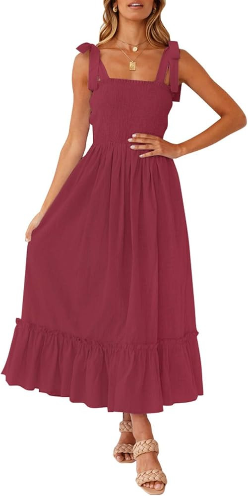 ZESICA Women's 2025 Summer Boho Spaghetti Strap Square Neck Solid Color Ruffle A Line Beach Long ... | Amazon (US)