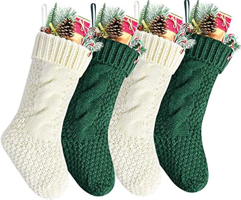 Kunyida Pack 4, Ivory White and Green Knit Christmas Stockings 14" | Amazon (US)