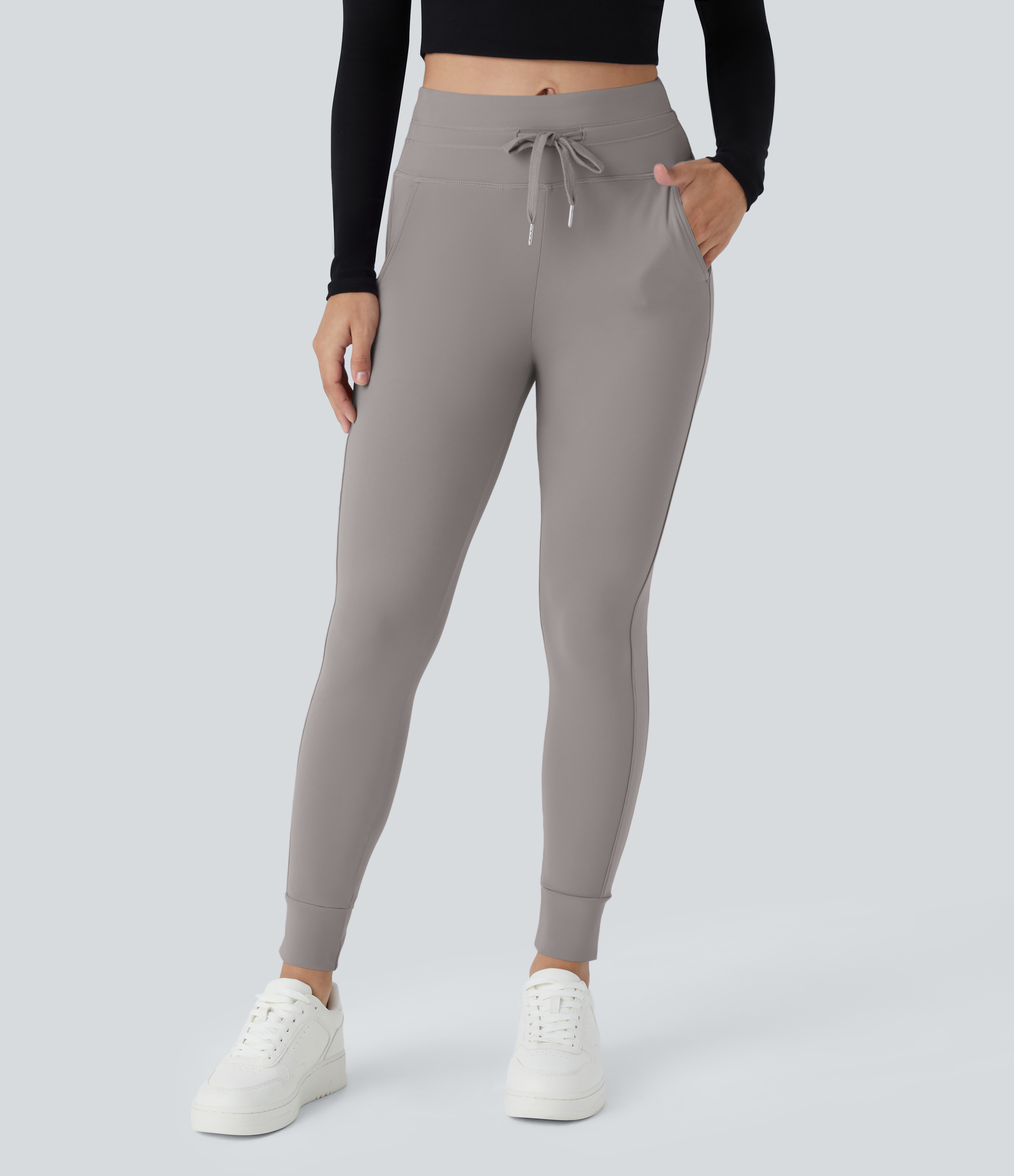 Halara Softlyzero™ Plush High Waisted Drawstring Side Pocket Plain Full Length Joggers - Gull - M(tall) | HALARA