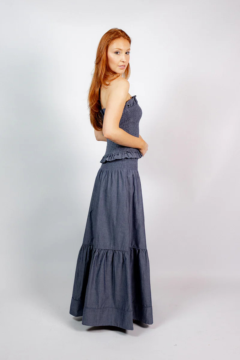 SUE SARTOR Flounce™ Smocked Waist Skirt | Indigo Chambray | SUE SARTOR