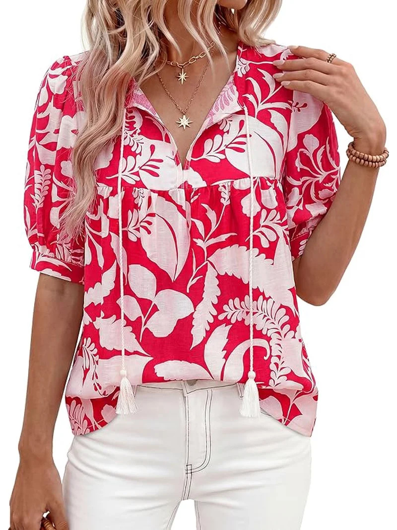 PRETTYGARDEN Womens Summer Boho Tops Vacation Outfits Casual Tie Front V Neck Peasant Blouses Puf... | Walmart (US)