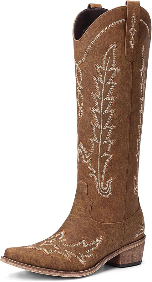 Cowboy Boots for Women - Knee High Pointed Toe Chunky Heel Pull On Zipper Western Cowgirl Boots, ... | Amazon (US)