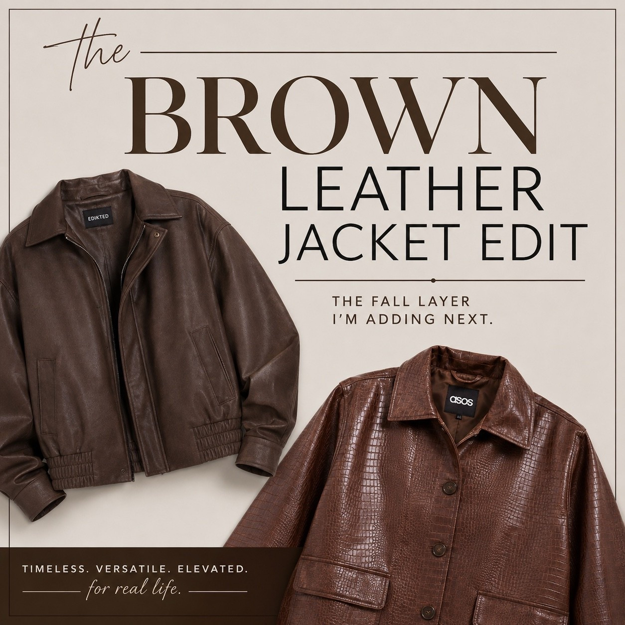 The Brown Leather Jacket Edit 🤎

A brown leather jacket is at the top of my fall list. I already have a black one I’ve worn for years, so this season I’m looking for the brown version that can work just as hard in my wardrobe.

I pulled together a few styles I’m loving, from structured and cropped to relaxed and oversized. The goal isn’t just to find what’s trending. I want the one I can throw over denim, satin skirts, dresses and everyday basics for the next 3–5 seasons.

Shop my brown leather jacket edit below.

#FallStyle #LeatherJacket #CapsuleWardrobe #FallFashion #FashionOver30

#LTKSeasonal #LTKWorkwear #LTKootd