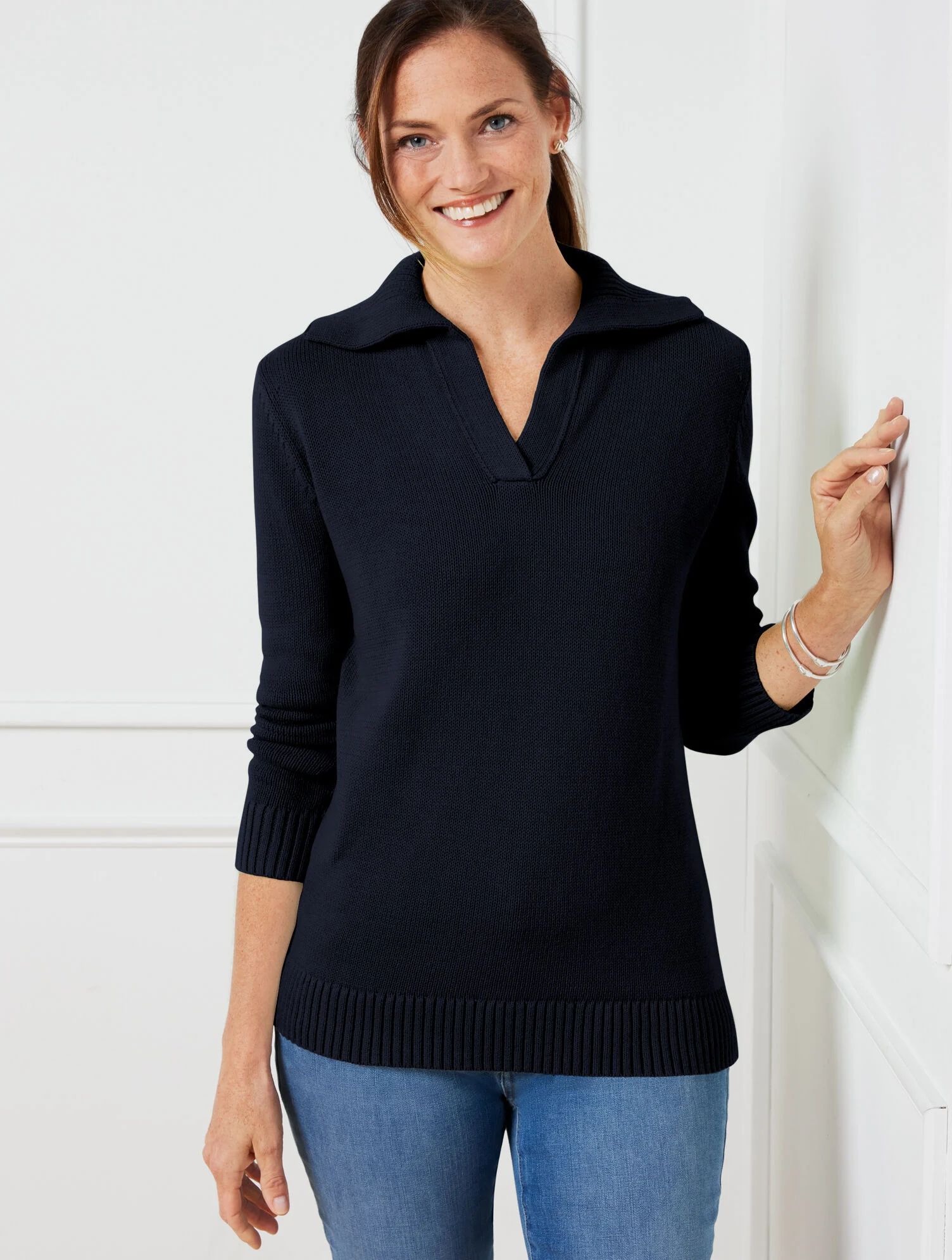 Brushed Cotton Johnny Collar Pullover | Talbots