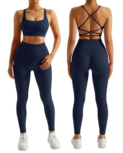 RXRXCOCO Ribbed Workout Sets for Women 2 Piece Backless Strappy Sports Bra Seamless Leggings Matching Set Yoga Outfits Navy Medium | Amazon (US)