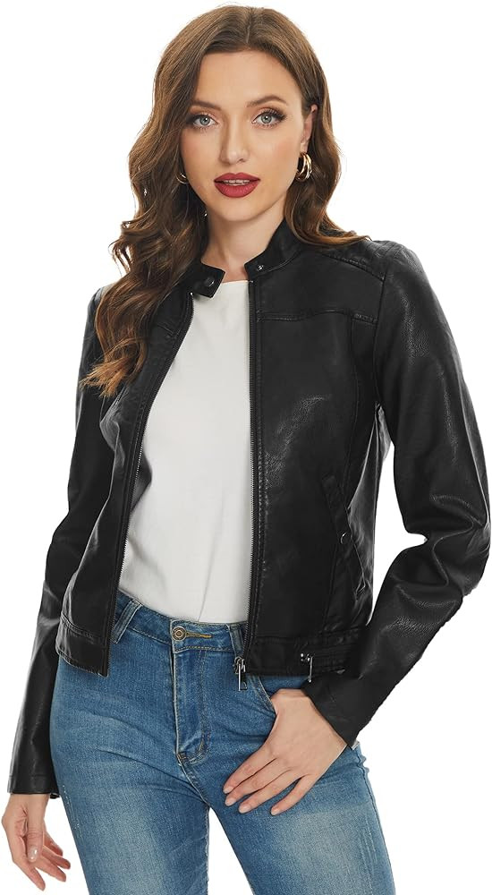 Fahsyee Black Faux Leather Jackets for Women Motorcycle PU Moto Biker Outwear Coat | Amazon (US)