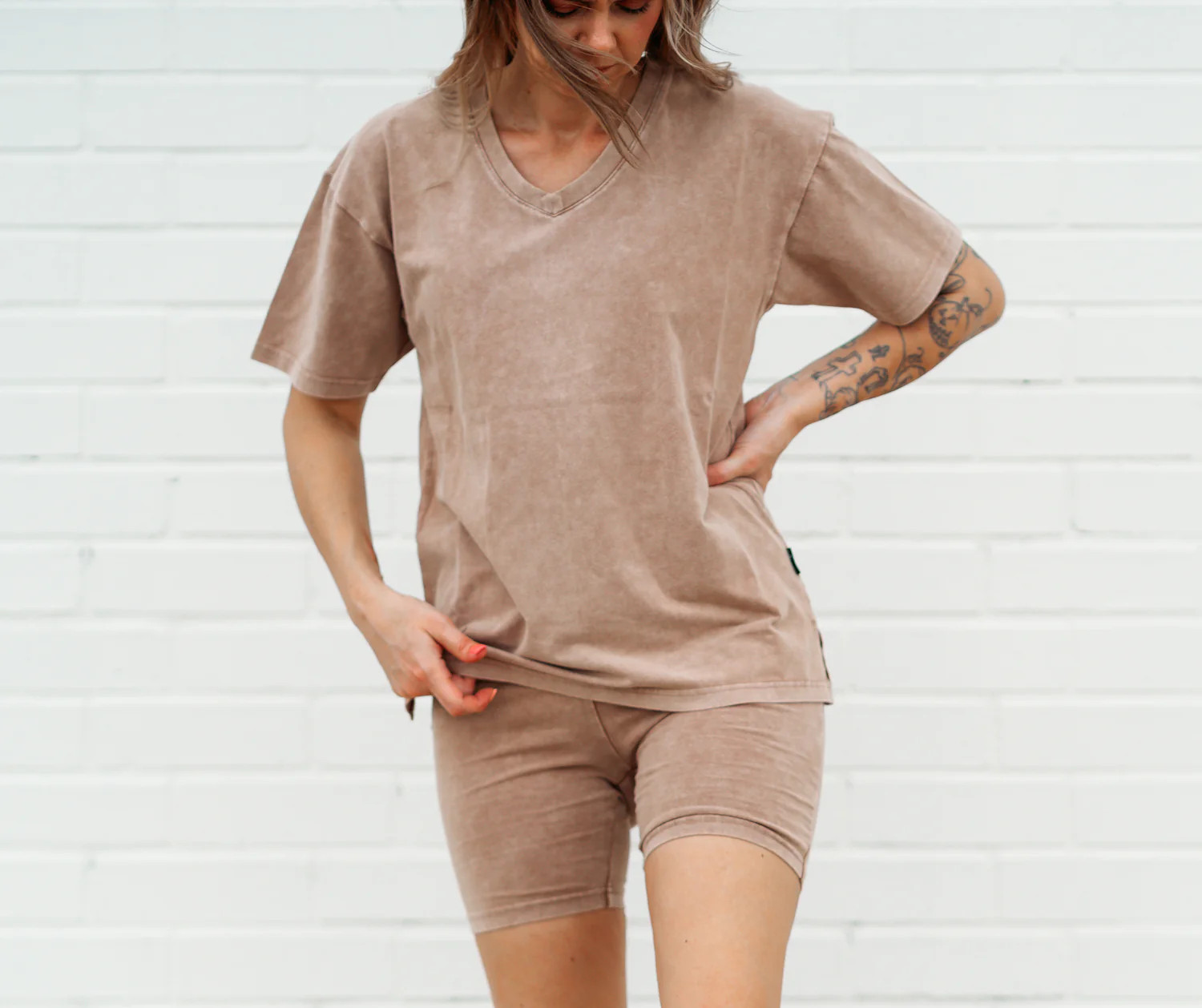 WOMANS BIKER SHORT SET- Mocha Snow Wash | millie + roo