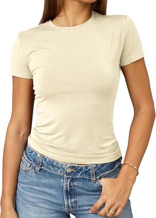Abardsion Women's Casual Basic Going Out Crop Tops Slim Fit Short Sleeve Crew Neck Tight T Shirts... | Amazon (US)