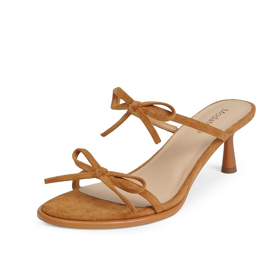 Modatope Two Strap Bow Tie Kitten Heel Sandals for Women Rounded Open Toe Heeled Sandals Women | Amazon (US)